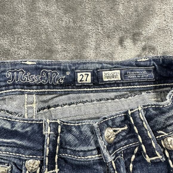 Miss Me Jeans Womens 27 Blue Capri JE5152P10 Embroidered Distressed Rhinestones - Picture 4 of 13